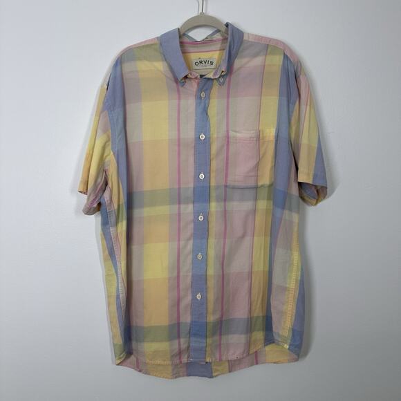 Orvis Mens XL Cotton Pastel Easter Short Sleeve Button Down Shirt Spring Casual - Picture 1 of 4